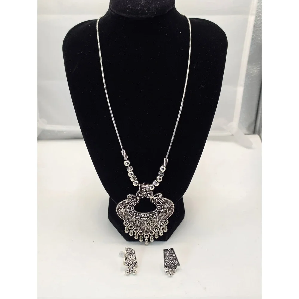 Oxidized Silver Tone Boho Statement Pendant Necklace and Earring Tribal Set